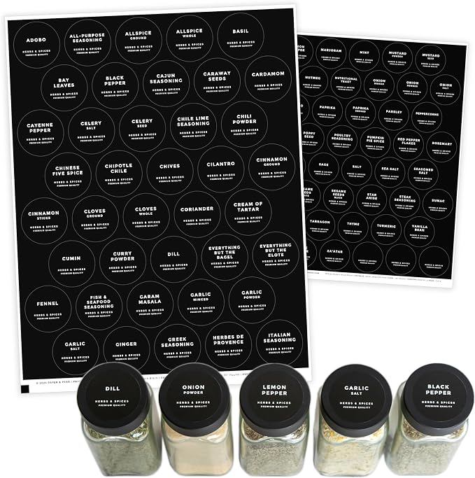 Modern Style Round Black Spice Labels Stickers Preprinted Waterproof by Paper & Pear - Oil Resistant Kitchen Pantry Labels for Home Improvement - 1.35 Inches Pantry Stickers - Set of 80 (No Jars)