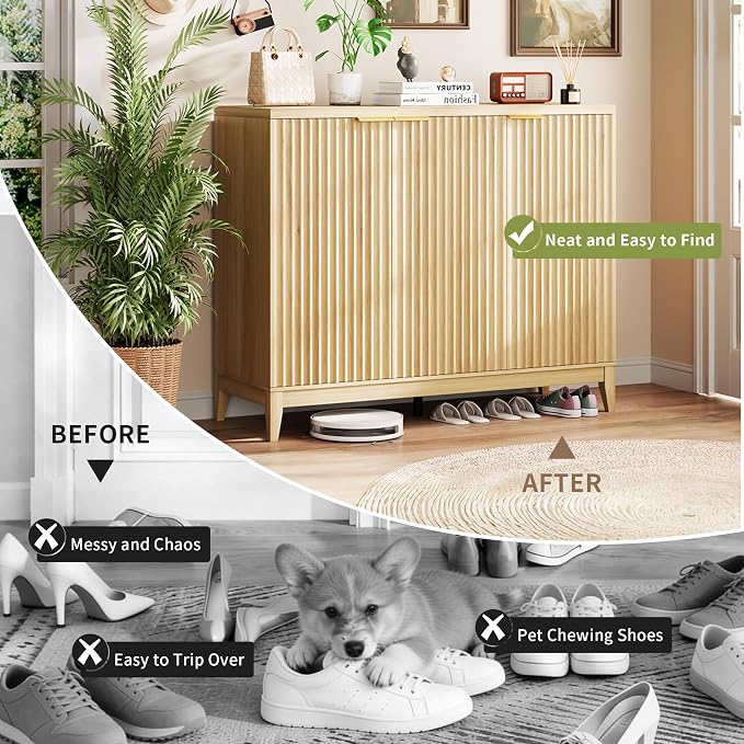 Vlsrka Shoe Storage Cabinet with Fluted Doors and Adjustable Shelves | 6 Tier Wooden Shoe Organizer, Large Capacity, Human Sensor Lighting, 180° Rotating, for Entryway, Hallway, Living Room, Wood