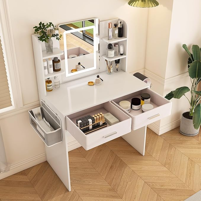 Small Makeup Vanity Desk with Mirror and Lights, Vanity Table with 2 Storage Drawer & Open Shelves, 3 Lighting Colors, Hair Dryer Stand, Adjustable Brightness White Makeup Vanity