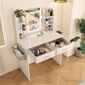 Small Makeup Vanity Desk with Mirror and Lights, Vanity Table with 2 Storage Drawer & Open Shelves, 3 Lighting Colors, Hair Dryer Stand, Adjustable Brightness White Makeup Vanity