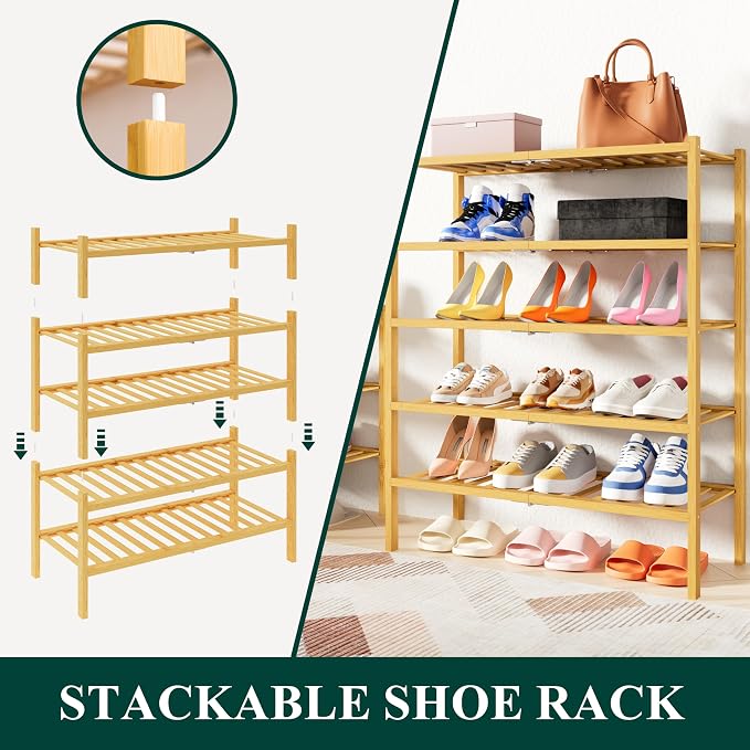 Smiry Bamboo Shoe Rack, 3 Tier Free Standing Wooden Shoe Organizer, Stackable Wood Shoe Storage Shelf for Closet, Entryway, 14 Vertical Slats, 2+1 Stack Heavy-Duty Legs, 26.8"x11"x19.5", Natural