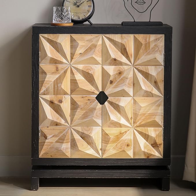LIFE SKY 3D Geometric Storage Cabinet: Modern Double-Door Wooden Accent Furniture - Creative Studio Organizer & Home Office Decor Solution
