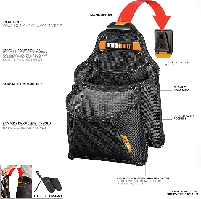 ToughBuilt ClipTech Series - Utility Pouch, Heavy-Duty Tool Pouch with Multiple Pockets, Secure Attachment & Storage for Jobsite Use