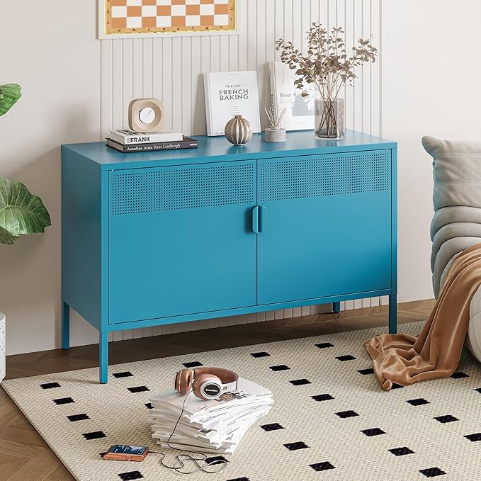 Ustamio Blue Metal Storage Cabinet with Doors and Shelf, 2 Door Locker Storage Cabinet for Home and Office, 2 Tier Low Metal Tv Stand Cabinet