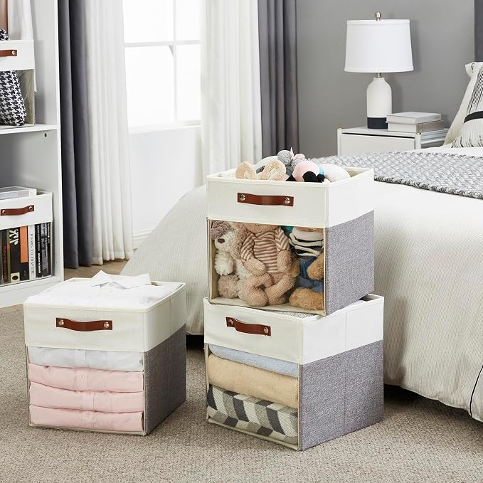 Bagnizer Storage Cubes, 4 Pack Linen Foldable Storage Bins with Clear Window and 2 Handles, 13x15x13 Storage Cube Bins for Shelf Closet, Kallax, Clothes, Books - (Gray / Off-White)