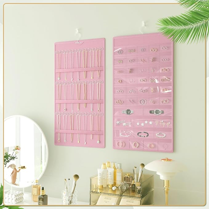 Hanging Jewelry Organizer, Double-Sided Necklaces Holder, Pink | 42 clear pockets organize rings & earrings; 36 wire necklace hooks reduce tangles; top hook hangs in closets, walls or doors.