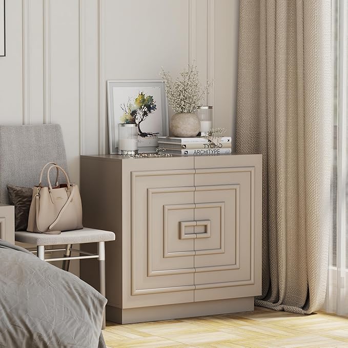 Aoikax Modern 2-Door Storage Cabinet, Sculptural Rustic Cabinet with Geometric Square Pattern, Contemporary Accent Cabinet for Bedroom, Living Room, Taupe Color