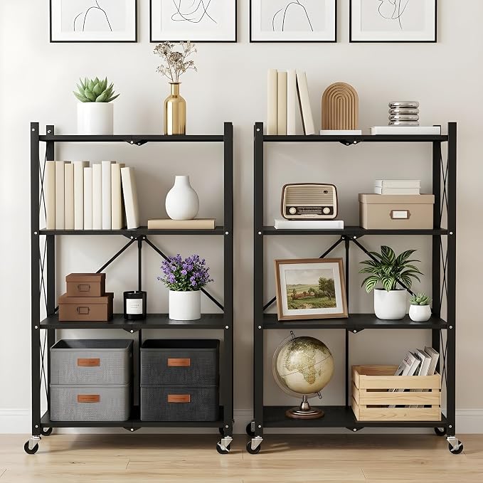 COKIHOM 4 Tier Foldable Storage Shelf, Large Capacity Metal Shelf Rack, Rolling Bookshelf with Wheels, Wire Shelf Organizer for Kitchen, Pantry, Office, Garage, Basement, Black