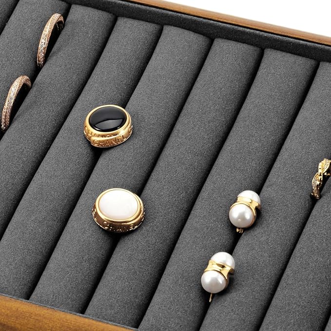 Oirlv Dark Grey Wood Jewelry Tray for Ring Display & Storage | Solid wood base with microfiber lining, multi-compartment design, ideal for jewelry display, ring storage & shop showcase
