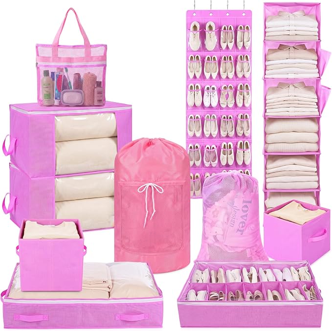 Briwooody 11 Pcs College Dorm Storage Set, Dorm Organizer Kit with Closet Organizer, Over Door Shoe Rack, Under Bed Storage Bags, Laundry Backpack, Shower Caddy, Collapsible Bins(Pink)