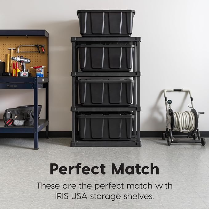 IRIS USA 4-Pack 27 Gallon Storage Bins with Lids |Made in USA| Heavy Duty Plastic Tote Containers for Truckbed Tool Box Organization, Large - Black