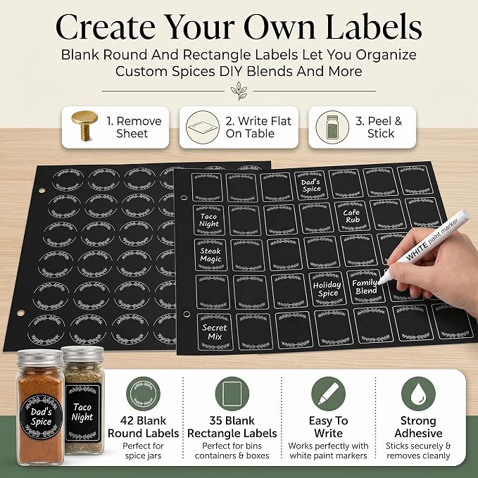 665 Spice Labels Book with A-Z Index, Black Round Pantry Stickers