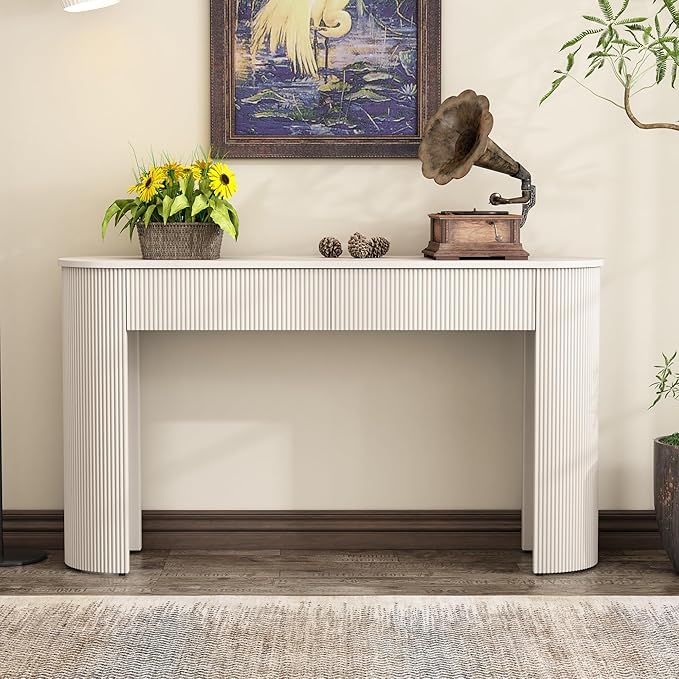 Modern Fluted Console Table 54-Inch Oval Entry Sofa Table with Storage Drawers for Living Room Entryway Hallway Furniture, White