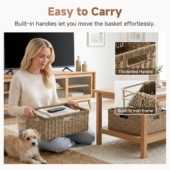 StorageWorks Extra Large Wicker Baskets for Organizing, Seagrass Storage Basket with Built-in Handles, 1 Pack