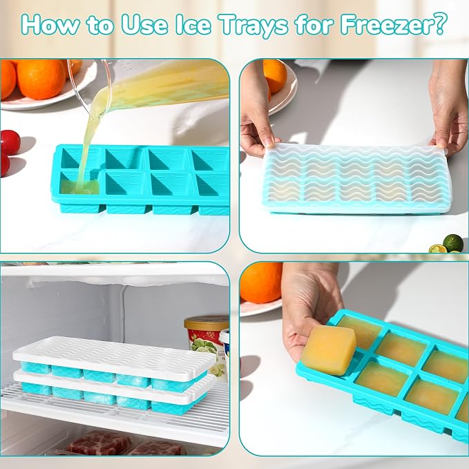 Doasuwish Ice Cube Trays for Freezer with Lids, 2-Tbsp 10-Cube Square Ice Trays, Dishwasher Safe, Covered Ice Molds for Iced Coffee & Cocktails, Freeze 30mL/15mL Portions -2 Pack