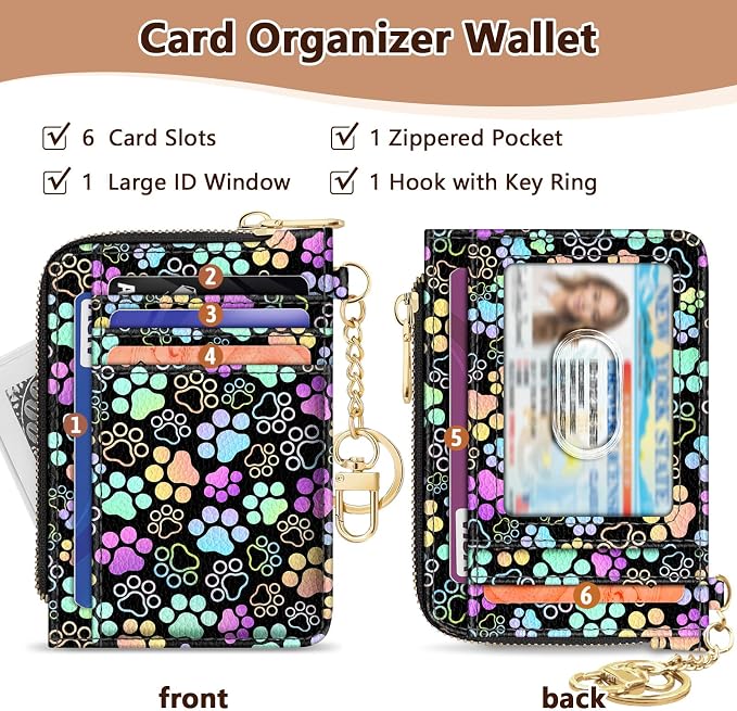 GIANCOMICS Slim Wallet Credit Card Holder Women, Puppy Dog Paw Rfid Blocking Small Card Case, Keychain Thin Pocket Curved Zipper Wallet, Travel Card Holder PU Leather ID Window, Ladies Female Gifts