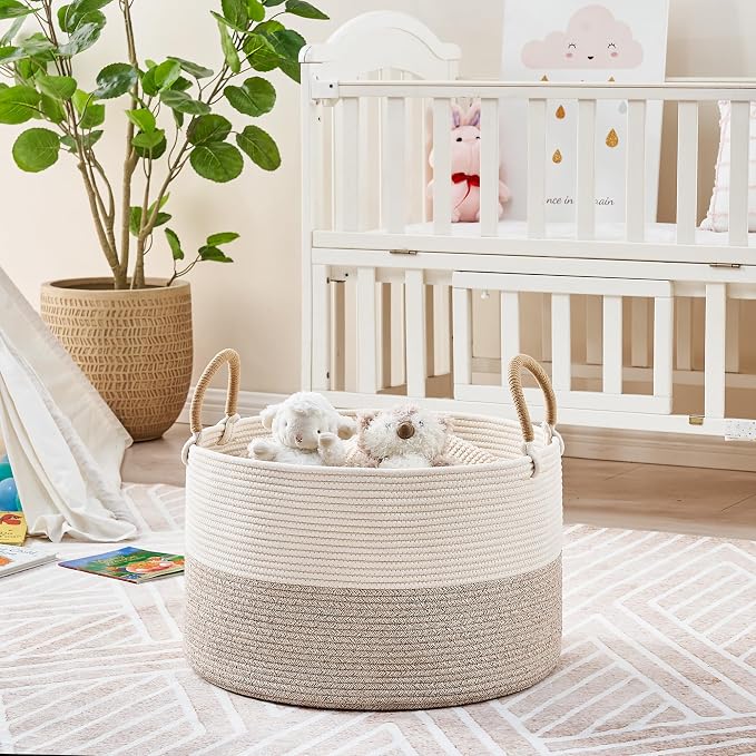 KAKAMAY Large Blanket Basket 20"x13", Cotton Rope Woven Laundry Storage Basket, Baskets for Toy,Stuffed Animal Storage, Dog,Toy Box, Gift Basket for Living Room Nursery Baby Hamper (Beige)