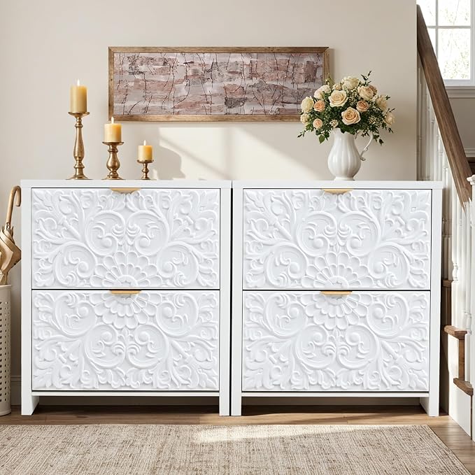 weselon Flip Drawer Shoe Cabinet Set of 2, Narrow Shoe Storage Cabinet, 2-Tier Hidden Shoe Organizer with Carved Floral for Entryway, Slim Shoes Storage for Hallway Foyer (2, White)