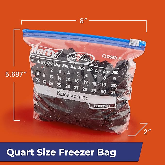 Hefty Calendar Slider Quart Freezer Bags, 140 Count, Quart Slider Bags for Freezer with Calendar Dates, Holds Raw Meat, Fruits, Veggies, and More, Secure Zip and Click Closure