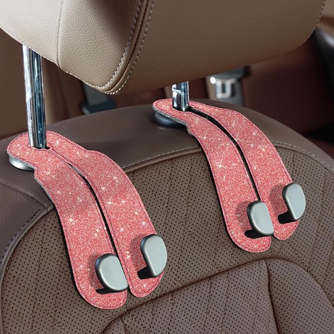 CoBak Purse Hook for Car - Universal Premium Stitched Leather and Aluminum-Magnesium Alloy Double Car Seat Back Storage Hook for Purses, Handbags, Bags (2 Pack),Fuchsia Glitter