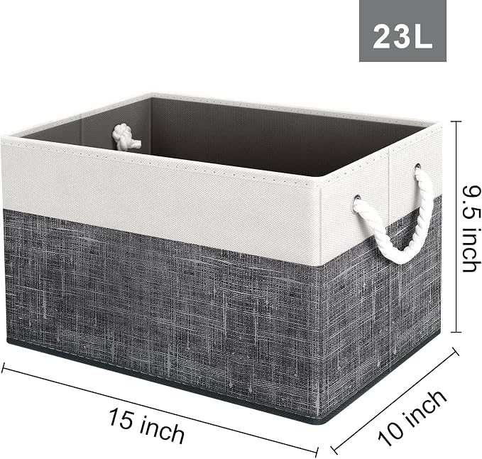 Fab totes Storage Bins 6-Pack, Foldable Storage Baskets for Organizing Toys, Books, Shelves, Closet, Large Storage Box with Rope Handles, Sturdy Organizer Bins, White & Black