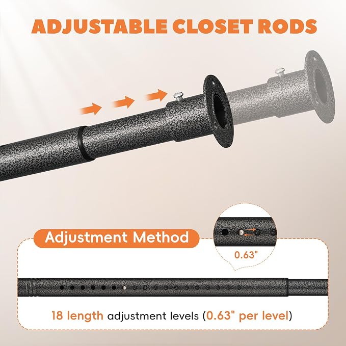 Heavy Duty Closet Rod 17-70 Inches, Adjustable, Black | Metal,1.1 Inches Diameter, Suitable for Wardrobes, Laundry