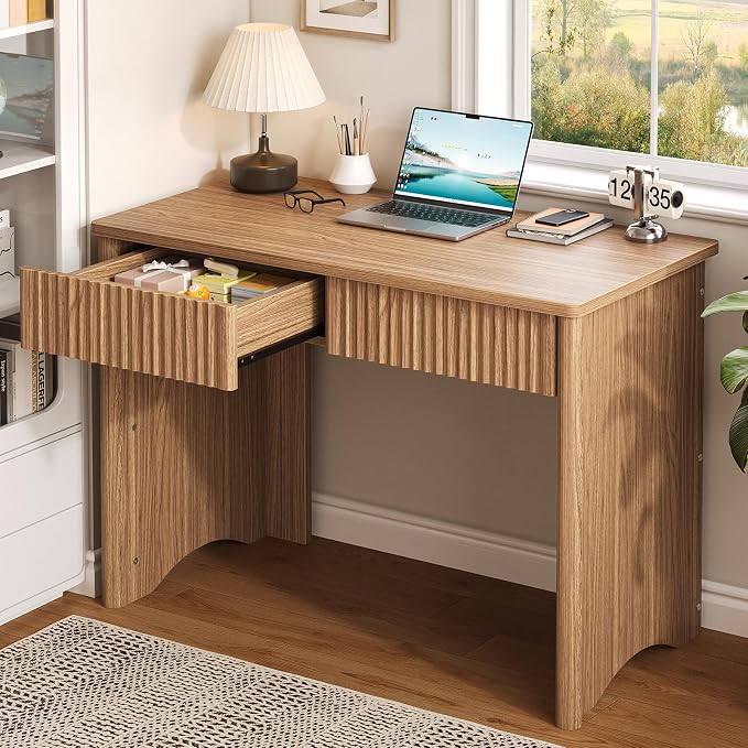Bestier 40-Inch Fluted Wood Computer Desk with 2 Silent Drawers, Light Wood | Vertical Fluted, 2 Storage Drawers Silent Damping, 40x20 in, 30in Ergonomic, Scratch-Resistant Melamine, Non-Slip Pads