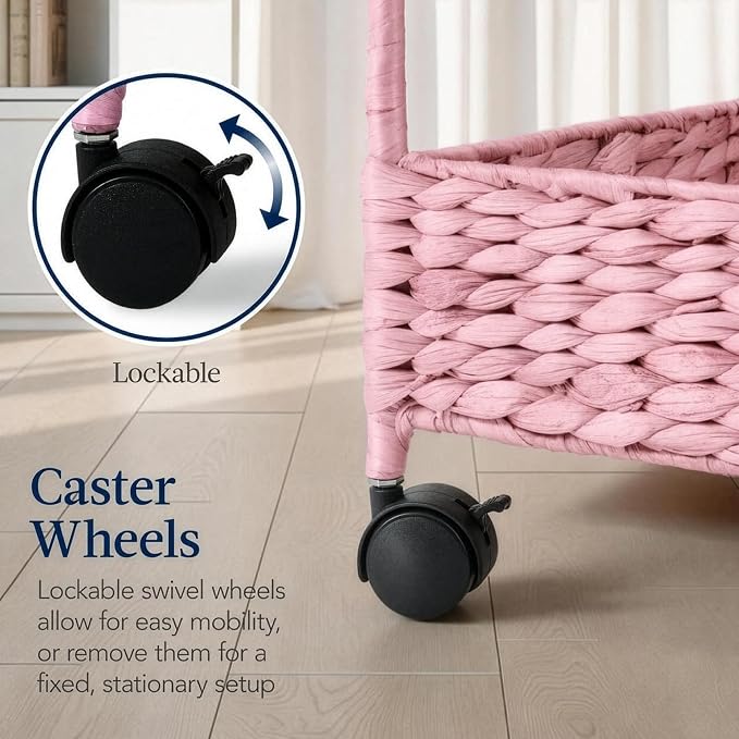 Best Choice Products 3-Tier Water Hyacinth Rolling Nursery Caddy w/Wheels, Utility Cart, Storage Organization for Bathroom, Craft Room, Laundry Room - Pink