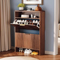 VINGLI Walnut Slim Shoe Cabinet for Entryway, Curved Hidden Shoe Storage Cabinet with 2 Flip Drawers & Open Shelf, Modern Narrow Shoe Organizer with Fluted Panel & Anti-Tip Kit, 32.7" W, Dark Wood