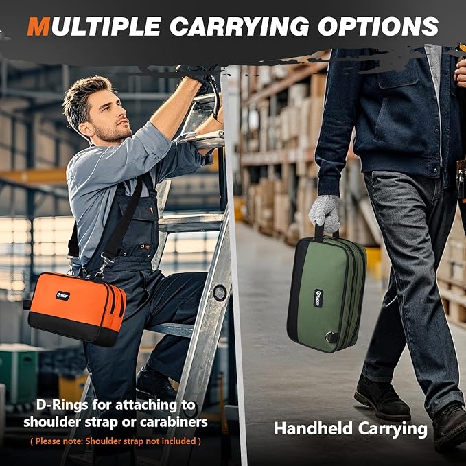 12" Tool Bag Small 2-Pack, Divider Zipper Pouch, Carry Tool Box Organizer | Waterproof, Heavy-duty Oxford, Smooth Zipper, Handle & D-Ring, Storage Case for Car Work Tool. Electrician Gift, Orange/Green