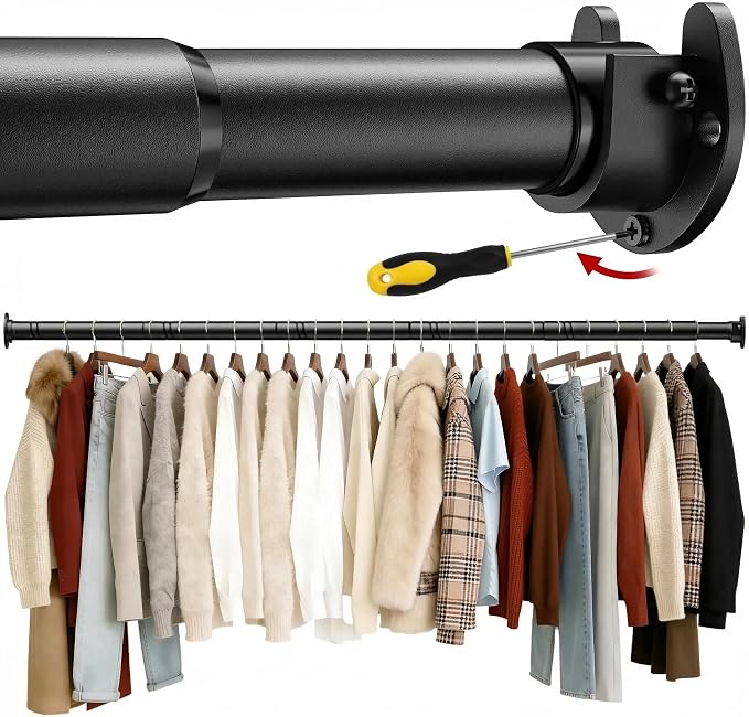 Closet Rods for Hanging Clothes with Screwdriver, 17 to 28 Inch Stepless Adjustable Closet Rod Heavy Duty, 1.3 Inch Clothes Hanging Rod Metal Closets Pole Bar for Wardrobes Laundry Bathroom RV, Black