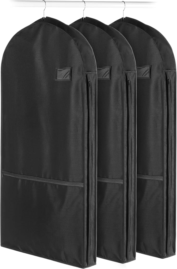 Whitmor Deluxe Garment Bag with Zipper Pocket, Heavy Duty 3" Gusset Clothes Cover for Suits, Dresses & Uniforms, Water-Repellent Polyester with ID Pocket & Accessory Pocket, 42'' 3 Pack Black
