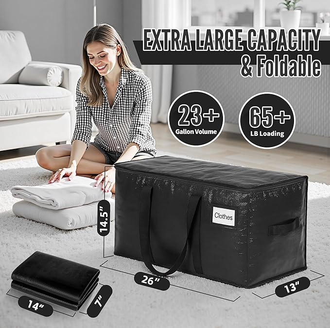 BAGAIL Heavy Duty Moving Bags with Strong Handle, Extra Large Moving Boxes, Storage Tote for Clothes, College Moving Supplies(Black, 4 Pack)