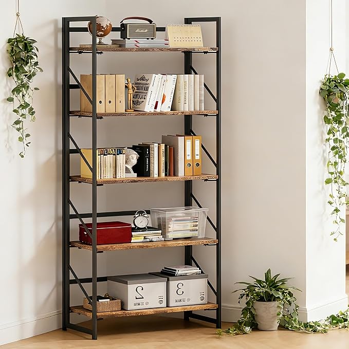 JSB No Assembly Folding Bookshelf, 5 Tier Industrial Metal Book Shelf for Storage, Vintage Wood Foldable Bookcase for Living Room, Bedroom, Office Organization Shelves