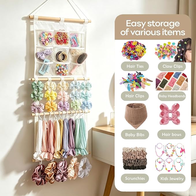 kangaroo Headband Holder Hair Bows Organizer for Baby Girls Nursery Decor | Multi-pocket&Large Capacity | Wall Hanging-15"L x 30"H | Easy to Grab | Nursery Essentials | Baby's bows&headbands Organizer