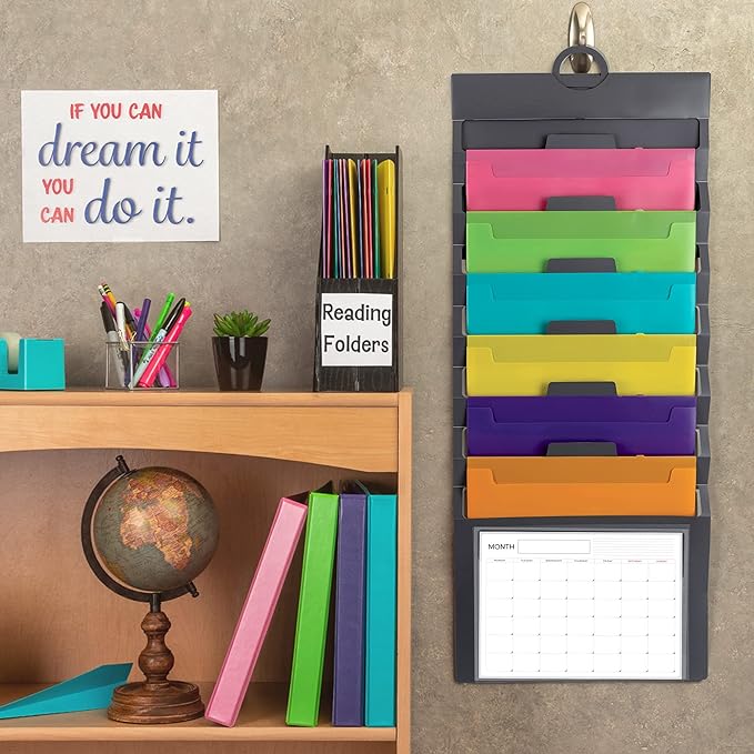 Samsill Cascading Wall File Organizer, Classrom Organization and Storage, 6 Removable Poly Hanging File Folders, Command Center Wall Organizer, Gray with Assorted Fashion Color Folders