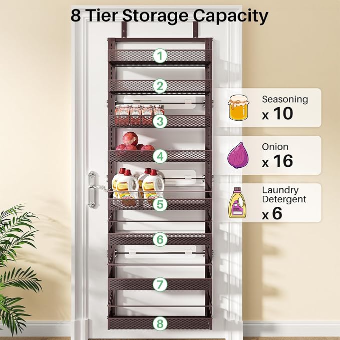SNTD 8 Tiers Over the Door Organizer - Height Adjustable Pantry Organizers and Storage with Dense Mesh Baskets, Anti-Swing Hanging Door Spice Rack for Kitchen Bathroom (Bronze, 17" W x 6" D x 69" H)