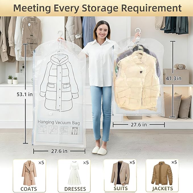 Yanhe Hanging Vacuum Storage, Clear,27x51 In/70x130cm,space bags,hanging vacuum storage bags,Clothing protection, dustproof and anti-aging protection to prevent wrinkles 4pcs,No electric pump(4 Jumbo)