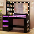 HUAHUU Vanity Desk with Lighted Mirror & Transparent Top, Makeup Vanity Desk with 4 Transparent Drawers and RGB Lighting, Built-in Power Outlet, 3-Tier Side Shelves & Storage Organizer for Bedroom