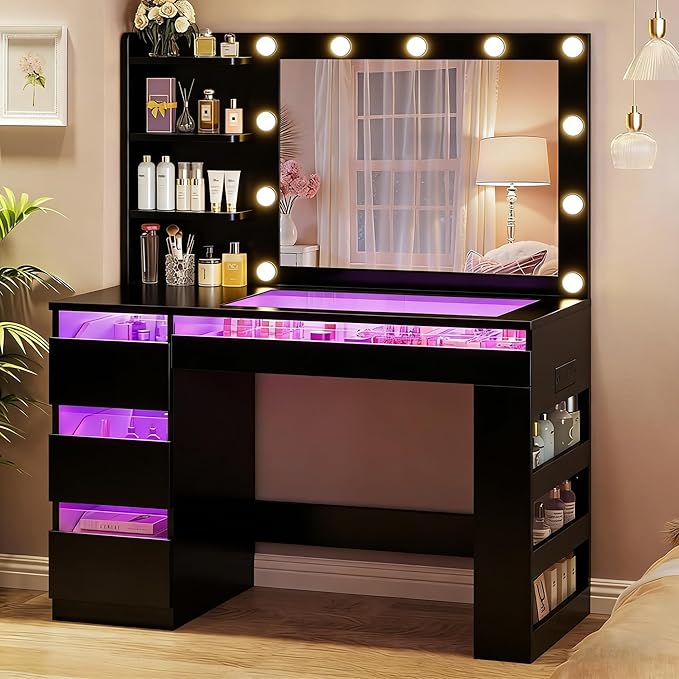 HUAHUU Vanity Desk with Lighted Mirror & Transparent Top, Makeup Vanity Desk with 4 Transparent Drawers and RGB Lighting, Built-in Power Outlet, 3-Tier Side Shelves & Storage Organizer for Bedroom