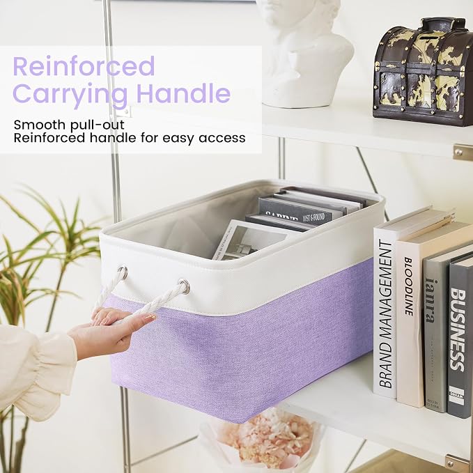 15x11x10 In Foldable Fabric Large Storage Bins with Handle 6 Pack | Organizer Baskets, Sturdy Metal Strand, Cardboard Support Molding, Storage Baskets for Shelves, Closet, Bedroom, White/Purple