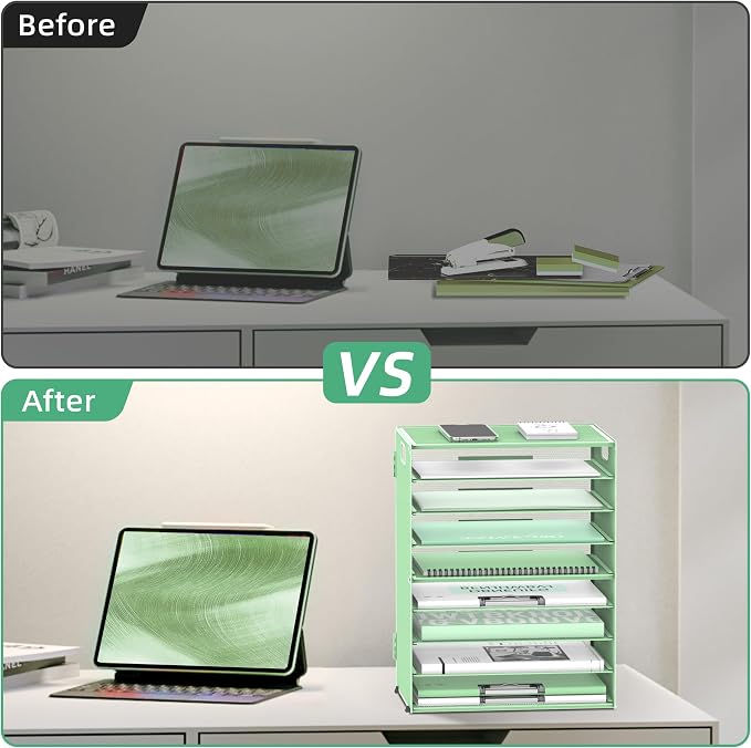 9-Tier Paper Organizer for Desk with Handles, Mint Green, 2 Pack | Desk File Organizer with Removable Trays for Sorting Files, Folders, Mail and Printer Paper at Home, School or Office