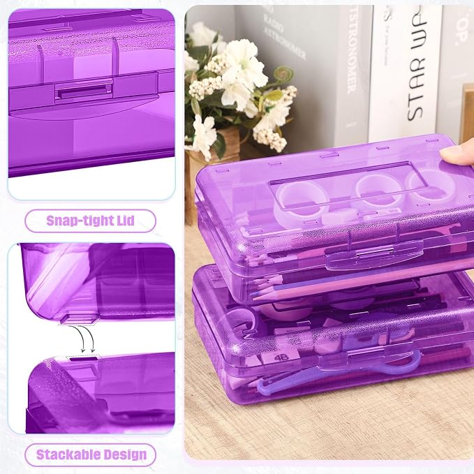 Blulu 6 Pack Large Plastic Pencil Case Box Clear Pencil Boxes Bulk Hard Crayon Box Storage with Snap Lids 8.1 x 4.7 x 2.2 Inch Painting Organizer Classroom Stationery School Supplies (Purple)