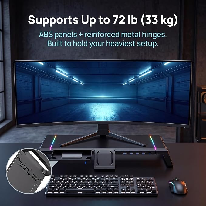 Monitor Stand Riser for Desk, Foldable Computer Monitor & Laptop Stand with Drawer, 4 USB 2.0 Ports, RGB Lighting, Phone & Tablet Holder, 72 lb Capacity (Black)