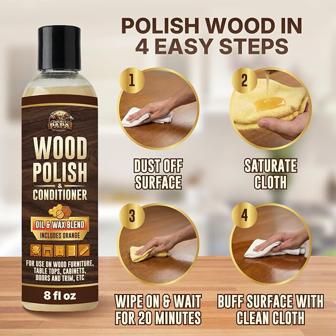 Natural Wood Polish & Conditioner with Orange Oil - Beeswax Furniture Polish and Cleaner, Oil & Wax Blend for Furniture, Cabinets, Tables, Doors & Trim, Enhances Color & Grain, Wood Care, 8 fl oz