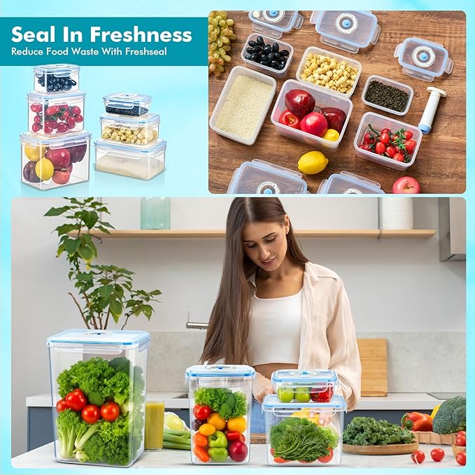 LemonRoad 9 Set Vacuum Seal Storage Food Containers with Lids (9 containers &9 Lids &1 Hand Vacuum Pump), Premium Airtight Food Storage, Airtight and Leak Proof(Clear)
