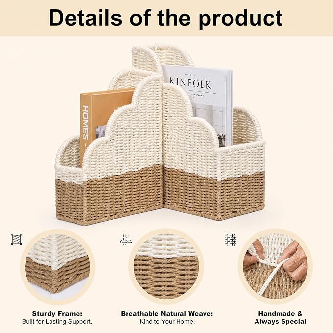 BROWNLILY Handwoven Paper Rope Magazine Holders with Scalloped Edge - Boho Desk Storage Organizers Set of 2 (Large & Small) for Books, Files, Home Office Decor