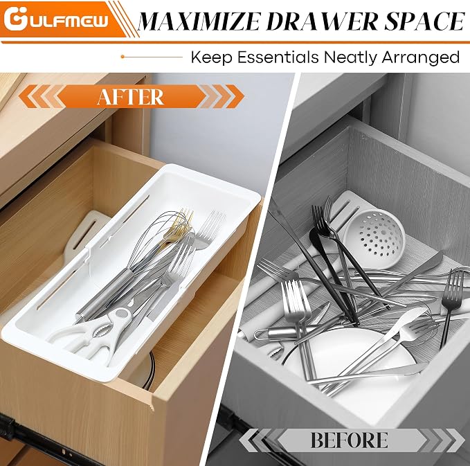 2 Pack Deep Drawer Organizer Adjustable Storage Bin(12.4-17.7") | Adjustable Width Design, Maximize Drawer Storage, Kitchen & Home Organization Solution