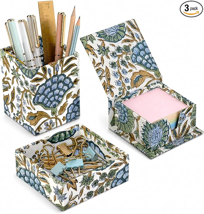 Ridhi Asparagus Green Block Print Handmade Office Desk Organizer Pen and Sticky Note accessories Holder Cute, Aesthetic, Decor workspace Caddy Gift for Office, Teachers, Professionals, Students