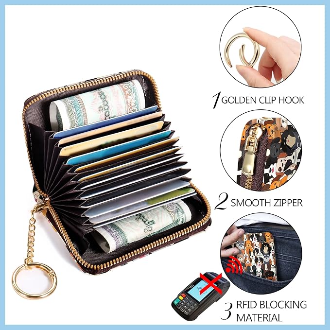 Blusabaca Women Credit Card Holder, Small RFID Wallet with Wristlet Strap | Removable Keychain, Case with Zipper, Vegan PU Leather, Cash Coin Pocket, Business Accordion Purse, Ladies Female Gift